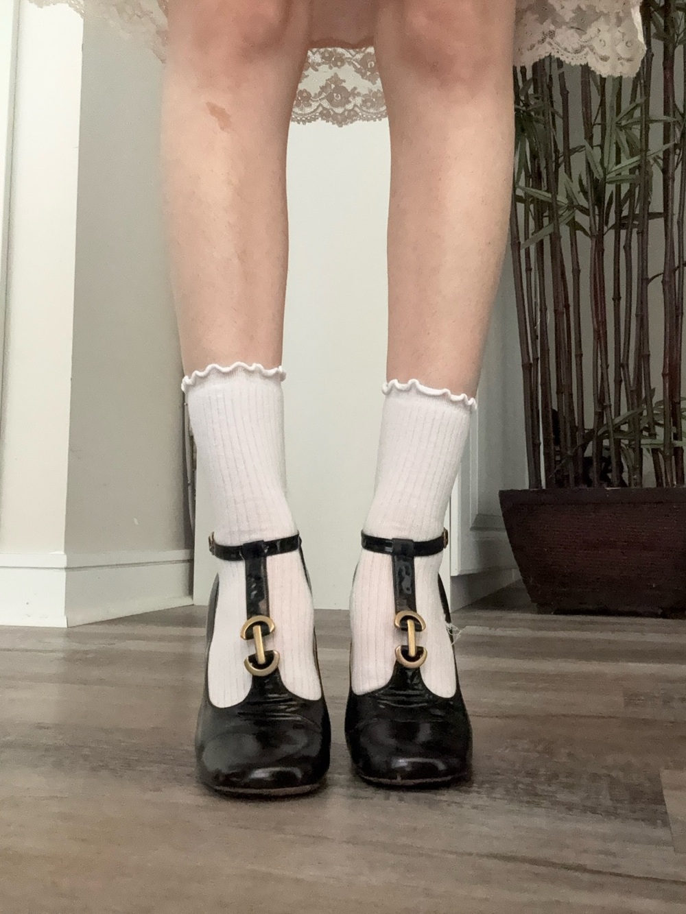 Chloe Black T-Strap Mary Jane Pumps with Gold Hardware